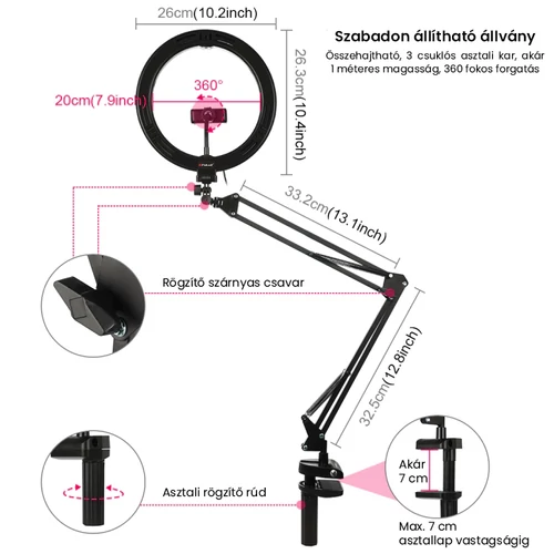 PULUZ LED körlámpa / szelfi lámpa telefontartóval