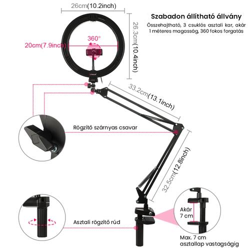 PULUZ LED körlámpa / szelfi lámpa telefontartóval